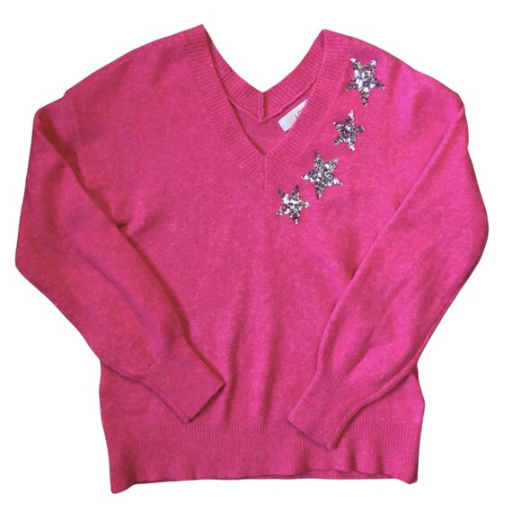 LOFT Womens XS Hot Pink Sweater Silver Sequin Stars Wool Blend READ - Picture 1 of 10